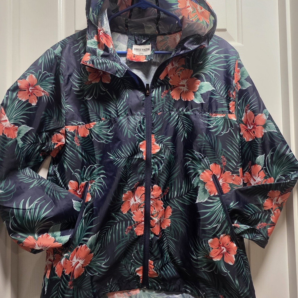 Sunrise Kingdom Floral Hibiscus Print Windbreaker Jacket - Navy and Coral Unisex